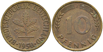ФРГ 10 ПФЕННИГОВ 1950 J KM 103, J. 378 сталь плакированная латунью 4514-346