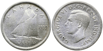 КАНАДА 10 ЦЕНТОВ 1939 ГЕОРГ VI (1937-1952), ПАРУСНИК KM 34 серебро 4532-737