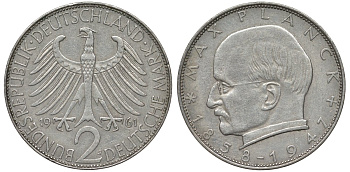 ФРГ 2 марки 1961 J, Макс Планк KM 116, J. 392 медно-никель плакированный никелем 72-315