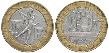 Франция 10 франков 1989 тип гений Бастилии KM 964.1, Le Franc 375.3 биметалл 45-614