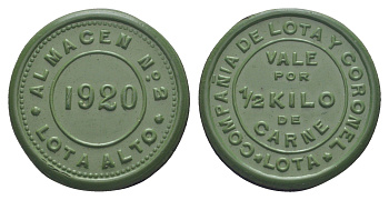 Чили, компании Лота и Коронель (Compania de Lota y Coronel) - Склад № 2 жетон в 1/2 килограмма мяса 1920 диаметр 30 мм, вес 4,5 гр не описан в Espinosa эбонит (зеленый) 1066-10-34