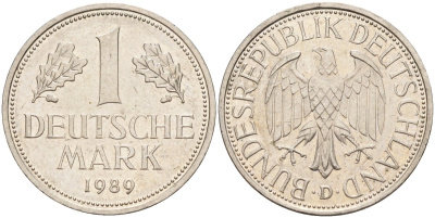 ФРГ 1 марка 1989 D KM 110, J. 385 медно-никель 4182-451