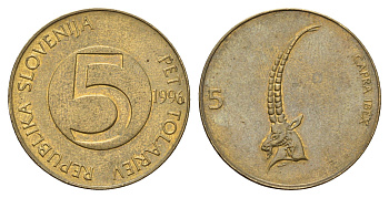 Словения 5 толаров 1996 ибекс, альпийский горный козёл KM 6 латунь 4703-732