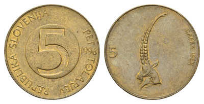 Словения 5 толаров 1996 ибекс, альпийский горный козёл KM 6 латунь 4703-732