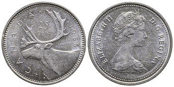 КАНАДА 25 ЦЕНТОВ 1985 ОЛЕНЬ, ЕЛИЗАВЕТА II KM 74 никель 4364-2126