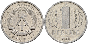 ГДР 1 пфенниг 1980 A KM 8.2 алюминий 187-1015