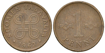 Финляндия 1 пенни 1963 первый год KM 44 медь 99-923