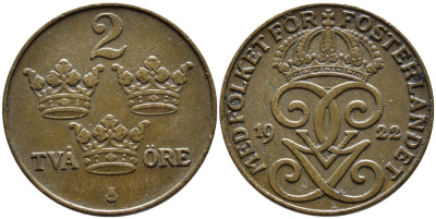 Швеция 2 эре 1922 Густав V (1907-1950) KM 778 бронза 80-552