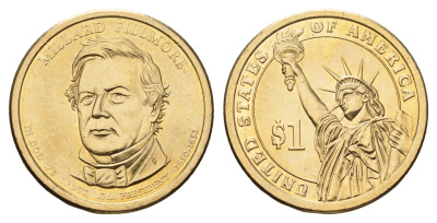 США 1 доллар 2010 D, Президент США - Миллард Филлмор (1850-1853) KM 475 медь с марганцево-латунным покрытием UNC 4624-522