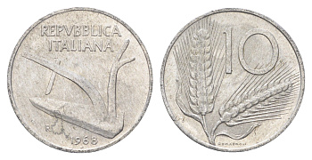 Италия 10 лир 1968 R, плуг, колосья KM 93 алюминий 4704-536