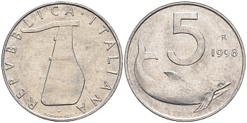 Италия 5 лир 1998 R, дельфин KM 92 алюминий  UNC  4594-729