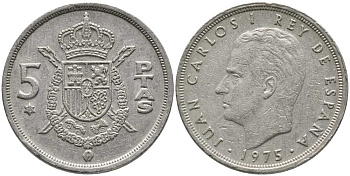 Испания 5 песет 1975 (76) Хуан Карлос I (1975-2014) KM 807 медно-никель 110-953