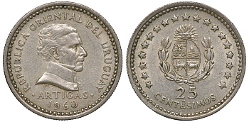 Уругвай 25 сентесимо 1960 KM 40 медно-никель 4169-948