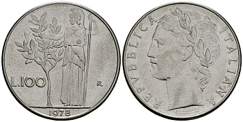 Италия 100 лир 1978 R, Афина у оливкого дерева KM 96.1 нержавеющая сталь 4137-234