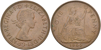 Великобритания 1 пенни 1966 Елизавета II (1952-2022) KM 897, Spink 4157 бронза 4117-621