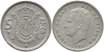 Испания 5 песет 1975 (76) Хуан Карлос I (1975-2014) KM 807 медно-никель 110-953