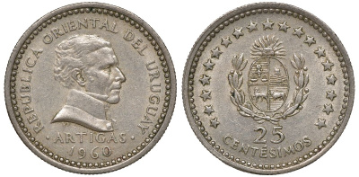 Уругвай 25 сентесимо 1960 KM 40 медно-никель 4169-948
