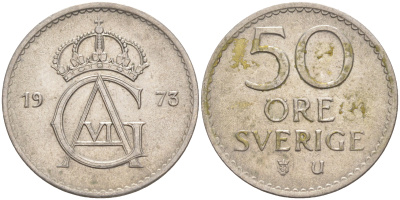 Швеция 50 эре 1973 U, Густав VI Адольф (1950-1973) KM 837 медно-никель 98-716
