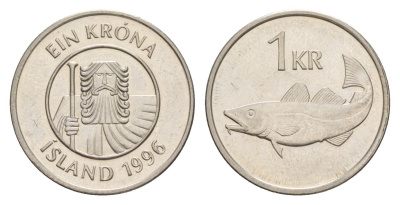 Исландия 1 крона 1996 треска KM 27a сталь плакированная никелем UNC 4635-113