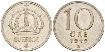 Швеция 10 эре 1949 Густав V (1907-1950) KM 813 серебро 4588-1113