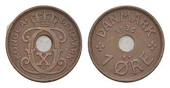 Дания 1 эре 1936 N, Кристиан X (1912-1947) KM 826 бронза 4658-154