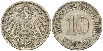 ГЕРМАНИЯ 10 ПФЕННИГОВ 1900 E KM 12, J. 13 медно-никель 4401-1145