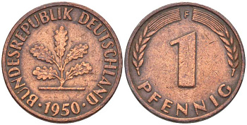ФРГ 1 ПФЕННИГ 1950 F KM 105, J.380 сталь плакированная медью 4396-1658