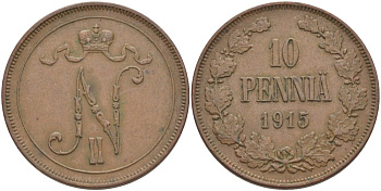 РОССИЯ ДЛЯ ФИНЛЯНДИИ 10 ПЕННИ 1915 НИКОЛАЙ II (1894-1917) KM 14, Биткин 438 медь 4536-844