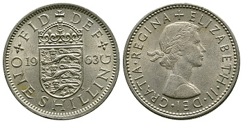 Великобритания 1 шиллинг 1963 Елизавета II (1952-2022), Английский герб KM 904, Spink 4147 медно-никель 4384-515