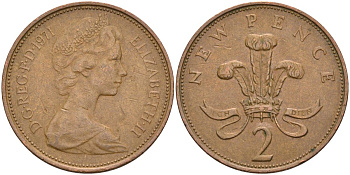 Великобритания 2 пенса 1971 Елизавета II (1952-2022) KM 916, Spink 4235 (C1) бронза 4593-824