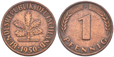 ФРГ 1 ПФЕННИГ 1950 F KM 105, J.380 сталь плакированная медью 4396-1658