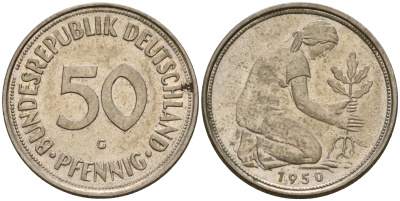 ФРГ 50 пфеннигов 1950 G редкий год KM 109.1, J. 384 медно-никель    4189-228