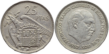 ИСПАНИЯ 25 ПЕСЕТ 1957 (65) ФРАНСИСКО ФРАНКО ДИКТАТОР ИСПАНИИ (1939-1975) KM 787 медно-никель 4394-1234