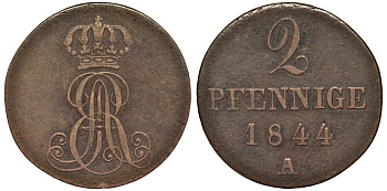 Ганновер 2 пфеннига 1844 A, Эрнст Август (1837-1851) KM 174.1, AKS 122, J. 55 медь 75-1756