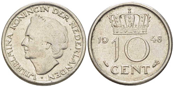 Нидерланды 10 центов 1948 Вильгельмина (1895-1948) KM 177 никель 214-1131