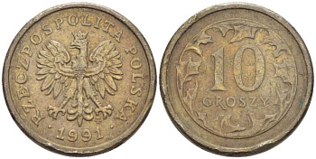ПОЛЬША 10 ГРОШЕЙ 1991 MW KM 279 медно-никель 116-1112