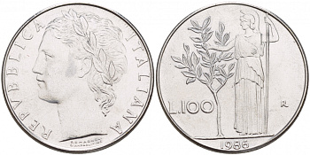 ИТАЛИЯ 100 ЛИР 1986 R, АФИНА У ОЛИВКОВОГО ДЕРЕВА KM 96.1 нержавеющая сталь 4545-731
