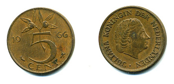 НИДЕРЛАНДЫ 5 ЦЕНТОВ 1966 ЮЛИАНА KM 181 бронза 76-433