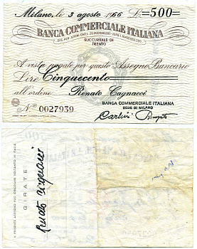 Италия чек на 500 лир 1966 на имя Ринато Ганьячи, банк Милан бумага 7221-8-3-1