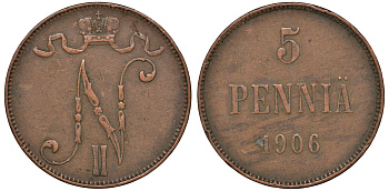 Россия для Финляндии 5 пенни 1906 Биткин 447 медь 53-444