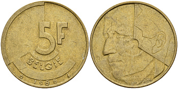 Бельгия 5 франков 1988 Belgie KM 164 алюминиевая бронза плакированная латунью    4187-432