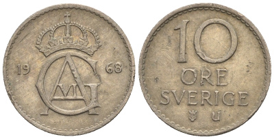 Швеция 10 эре 1968 Густав VI Адольф (1950-1973) KM 835 медно-никель 3309-649