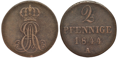 Ганновер 2 пфеннига 1844 A, Эрнст Август (1837-1851) KM 174.1, AKS 122, J. 55 медь 75-1756