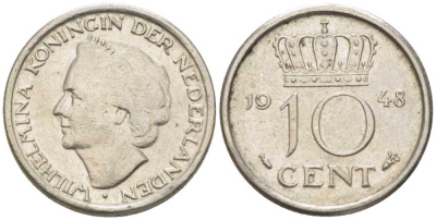 Нидерланды 10 центов 1948 Вильгельмина (1895-1948) KM 177 никель 214-1131
