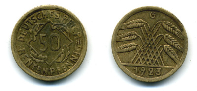 ГЕРМАНИЯ 50 РЕНТЕНПФЕННИГОВ 1923 G KM 34, J. 310 алюминиевая бронза 54-1215