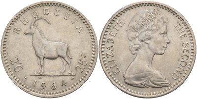 Британская Родезия 2 шиллинга 6 пенсов (25 центов) 1964 Елизавета II (1953-), черная антилопа KM 4 медно-никель 4140-111