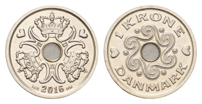 Дания 1 крона 2016 Маргрете II (1972-2024) KM 873 медно-никель UNC 75-819