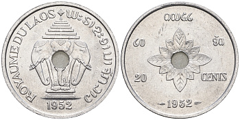 Лаос 20 центов 1952 король Сисаванг Вонг (1904-1959), слоны KM 5 алюминий  aUNC  4367-115