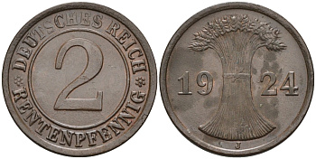 Германия 2 рентенпфеннига 1924 J KM 31, J.307, Weege 3 медь 4584-626