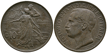 Италия 10 чентезимо 1911 50 лет Королевству Италия (1861-1911) KM 51 медь 4381-1042